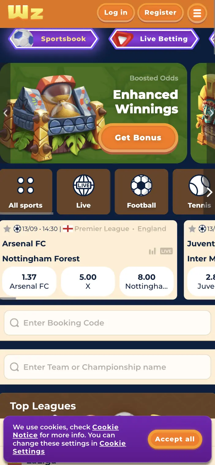 Enhanced Winnings Sportsbook - Live Betting Odds Sportsbook betting screen with Arsenal vs Nottingham Forest odds
